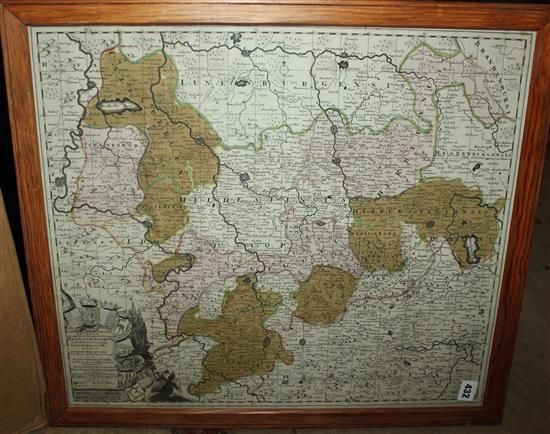 Homann map, Belgii Universi, Danckerts regional map of Germany (both framed) & a portfolio of various loose maps, facsimiles etc